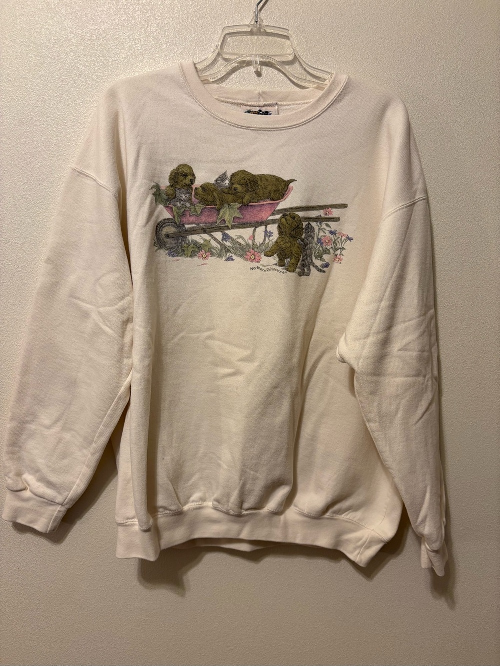 Northern Reflections Cream Crewneck Sweatshirt with Puppy Wheelbarrow Graphic